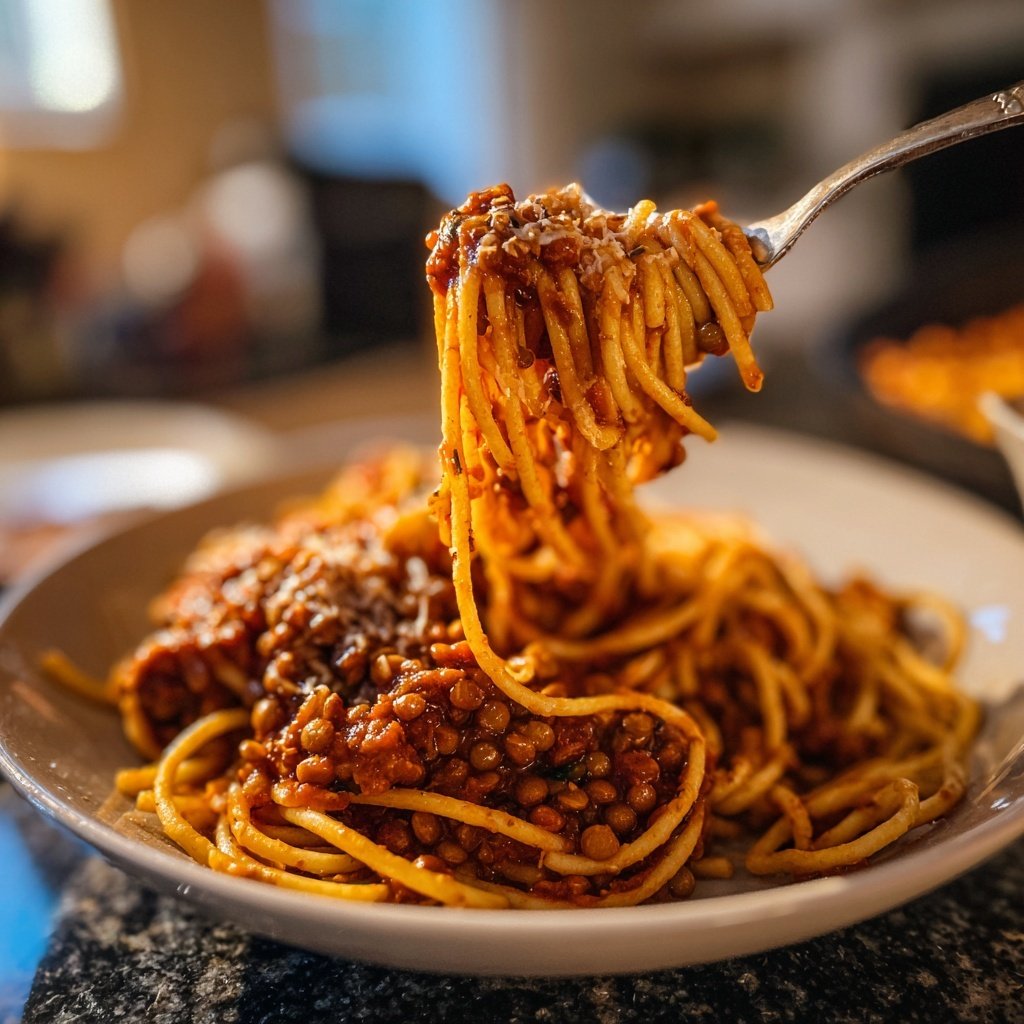 Linsen-Bolognese mit Spaghetti